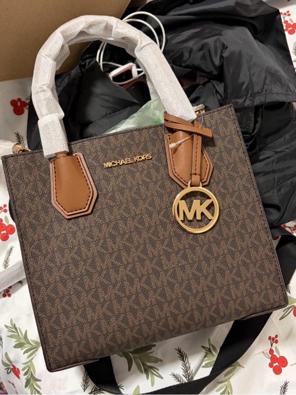 Michael Kors Brown Logo Satchel with Gold MK Charm